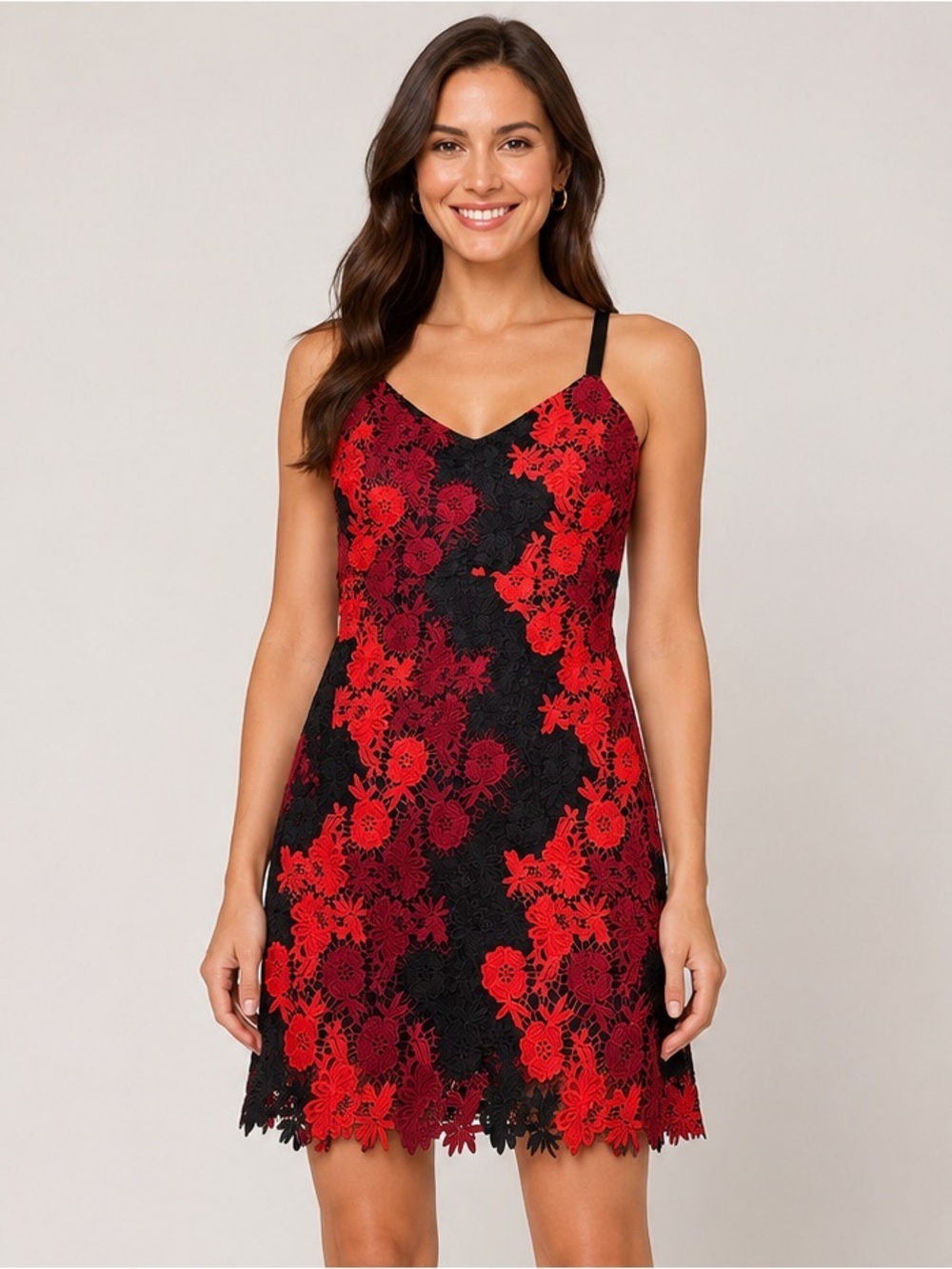 bebe Black & Red Floral Lace Slip Dress